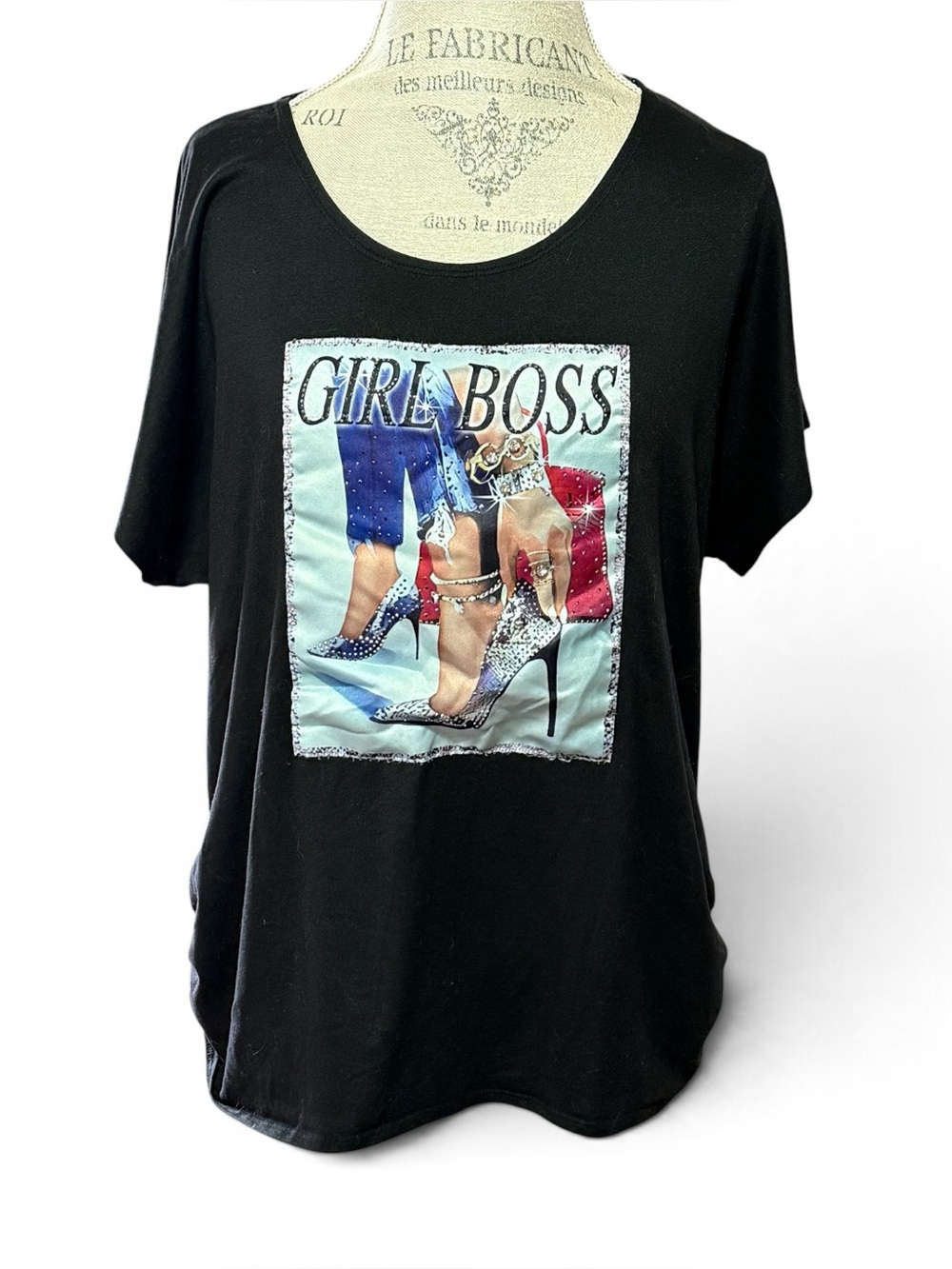 Davida Black tee featuring "Girl Boss" Graphic Rhinestone and Denim High-heel XL